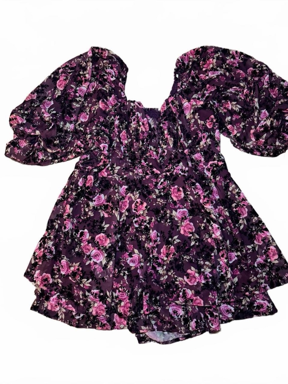 Arula Purple Floral Puff-Sleeve Dress with velvet detail